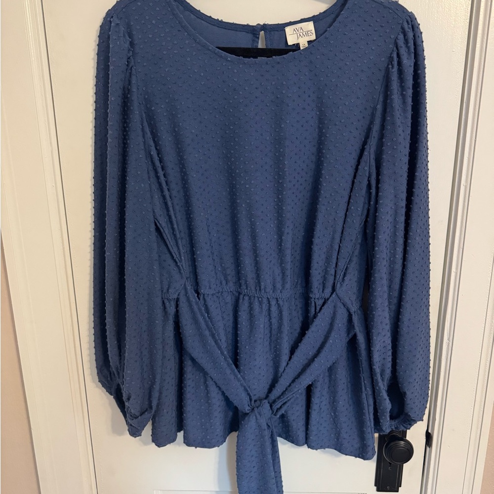 Blue Puff Sleeve Tie Front Blouse